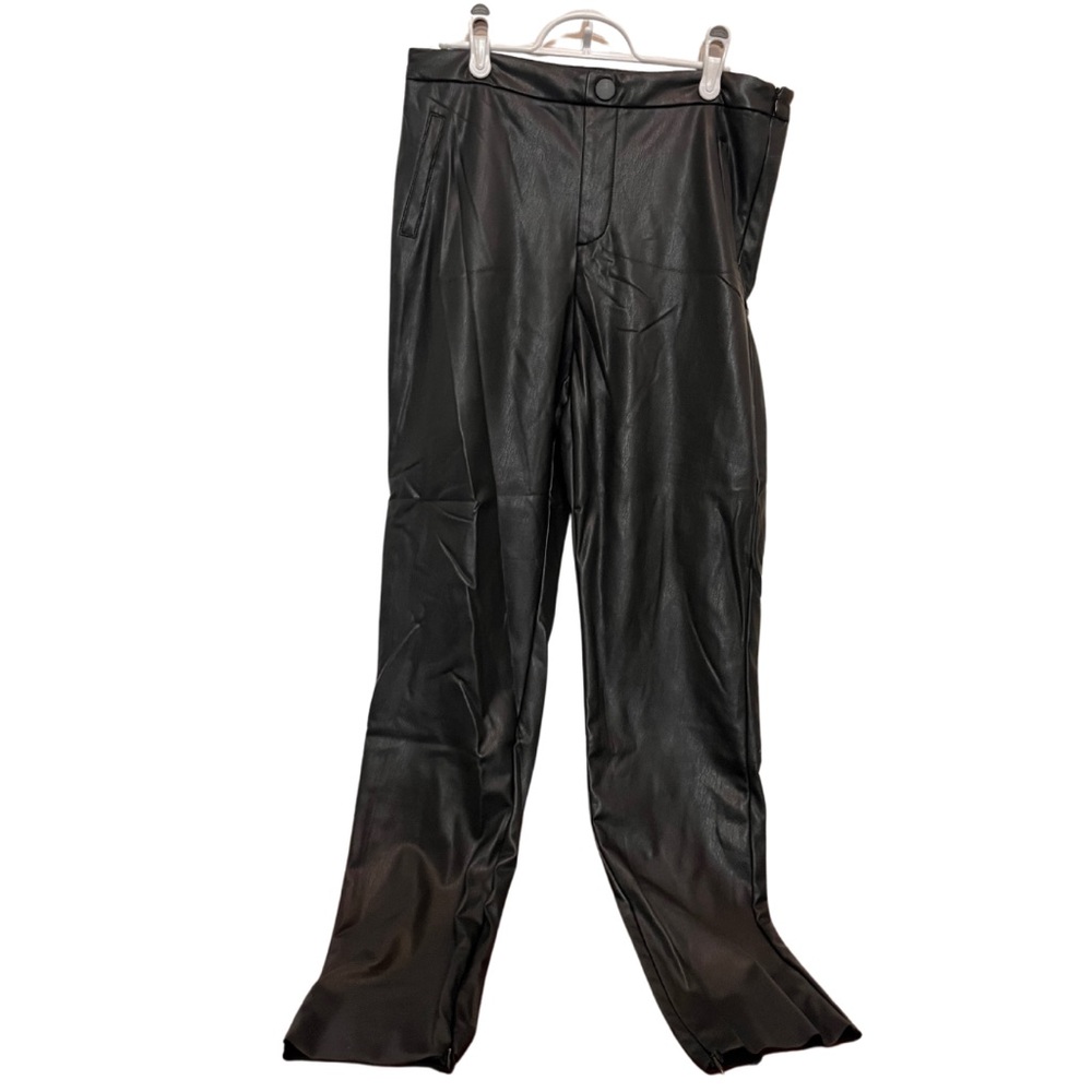 Shinestar Black Faux Leather Pants with Zipper Hem, Size L